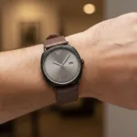 TOMI ανδρικο ρολόι με δερματινο λουρι με ασημι καντράν