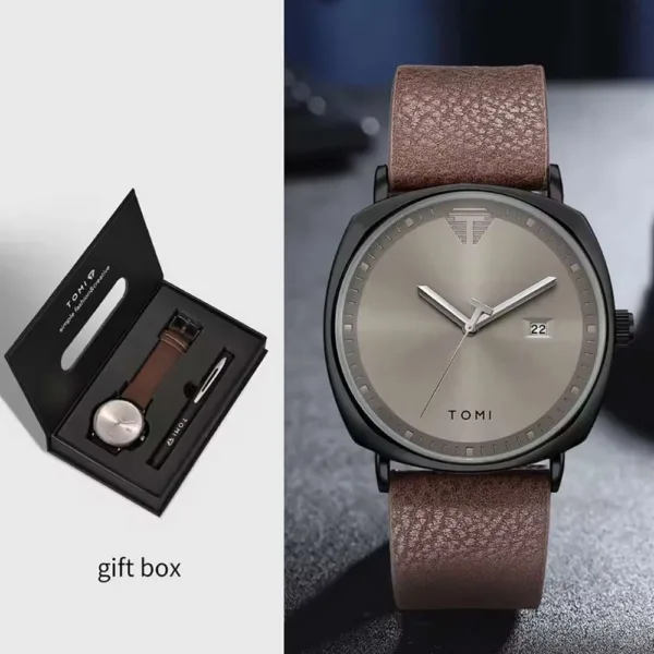 TOMI ανδρικο ρολόι με δερματινο λουρι με ασημι καντράν