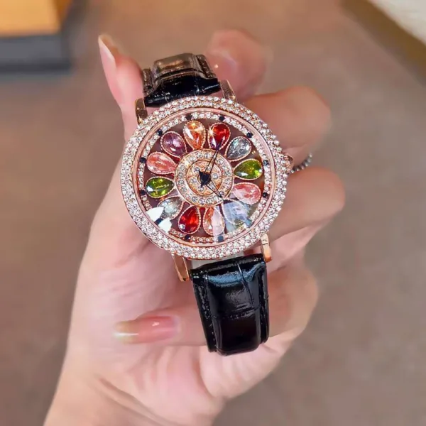 Γυναικείο ρολόι με κροκό λουρί μαύρο και κρύσταλους περιμετρικά και εσωτερικά